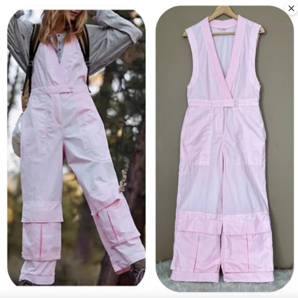 Free People Movement Go West Cargo Wide Leg Utility Jumpsuit One Piece in Pink M
